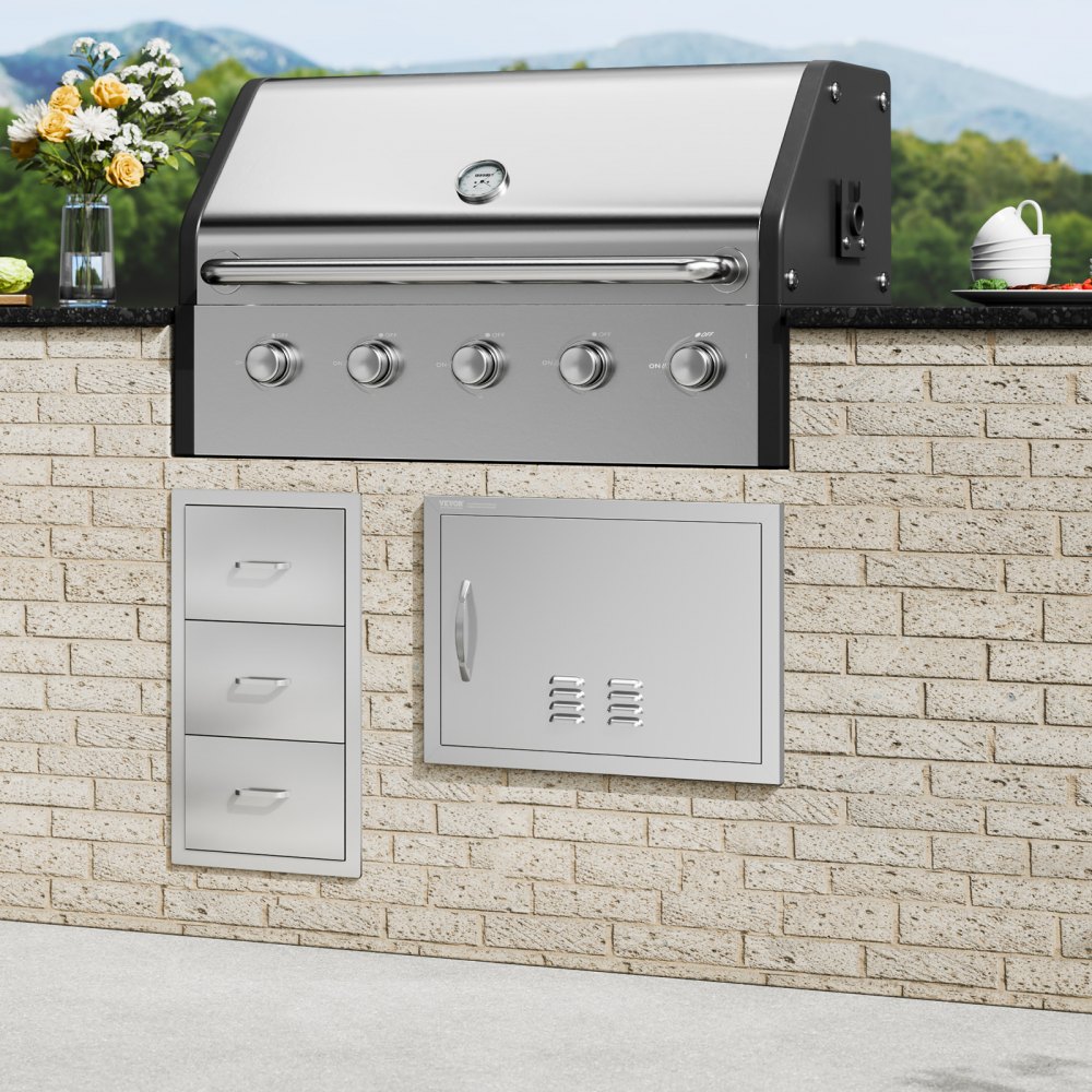 VEVOR BBQ Access Door, 610x432 mm Single Outdoor Kitchen Door, Stainless Steel Flush Mount Door, Wall Vertical Door with Handle and vents, for BBQ Island, Grilling Station, Outside Cabinet