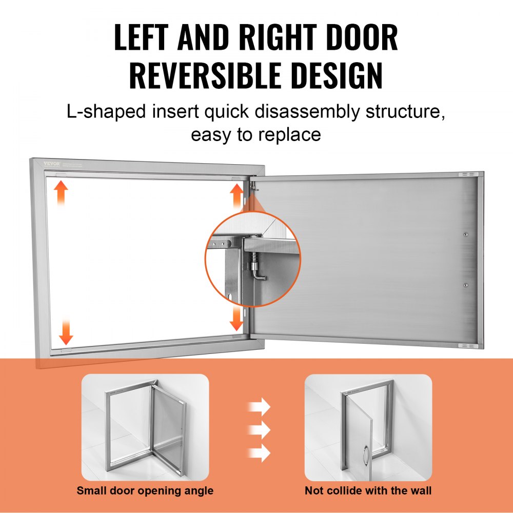 VEVOR BBQ Access Door, 685x508 mm Single Outdoor Kitchen Door, Stainless Steel Flush Mount Door, Wall Vertical Door with Handle, for BBQ Island, Grilling Station, Outside Cabinet