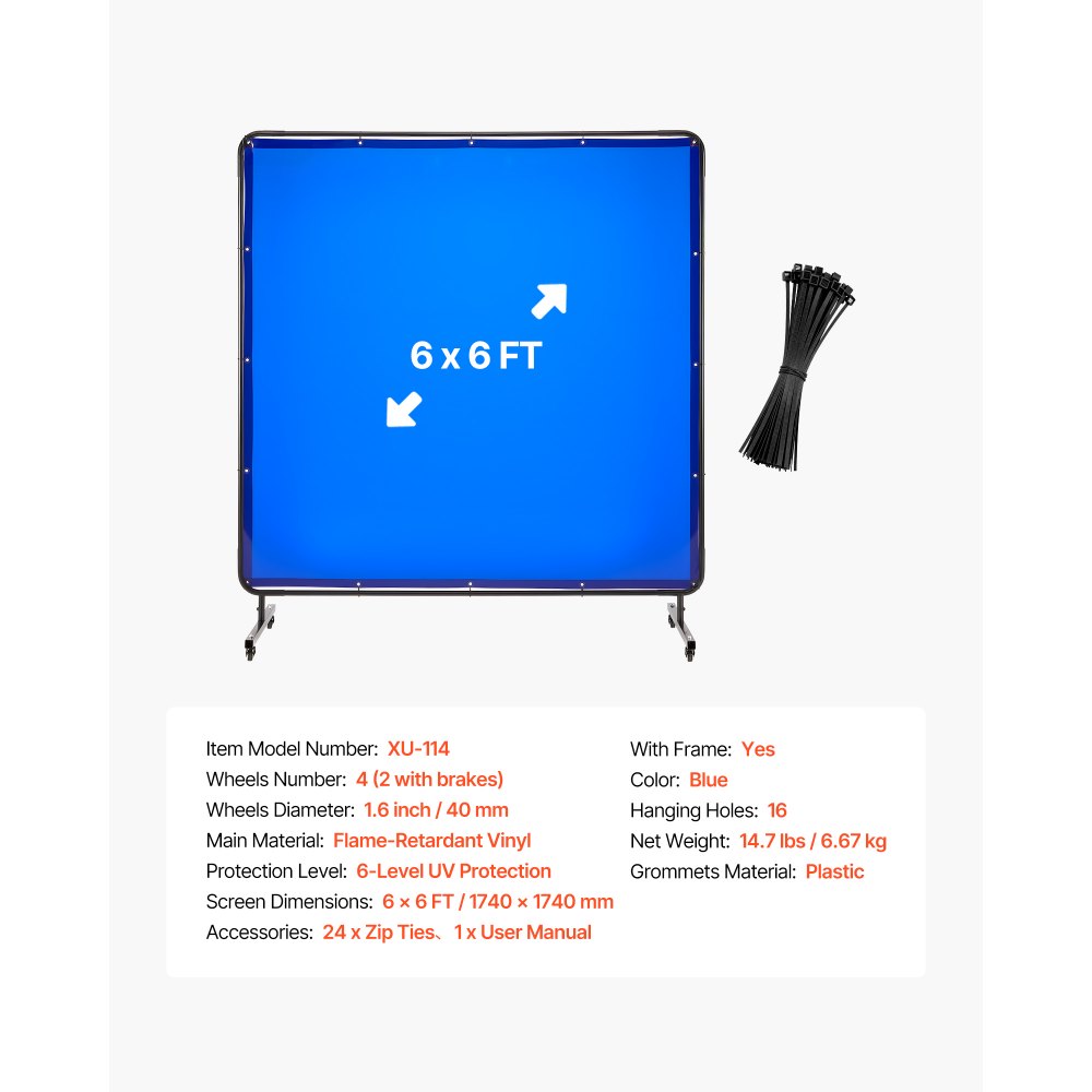 VEVOR Welding Screen with Frame, 1.74 x 1.74 m Welding Curtain Screen, Flame-Resistant Vinyl Protection Screens with Lockable Swivel Wheels & 6-Level UV Protection for Workshop/Industrial Use, Blue