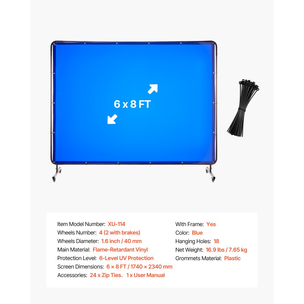 VEVOR Welding Screen with Frame, 1.74 x 2.34m Welding Curtain Screen, Flame-Resistant Vinyl Protection Screens with Lockable Swivel Wheels & 6-Level UV Protection for Workshop/Industrial Use, Blue