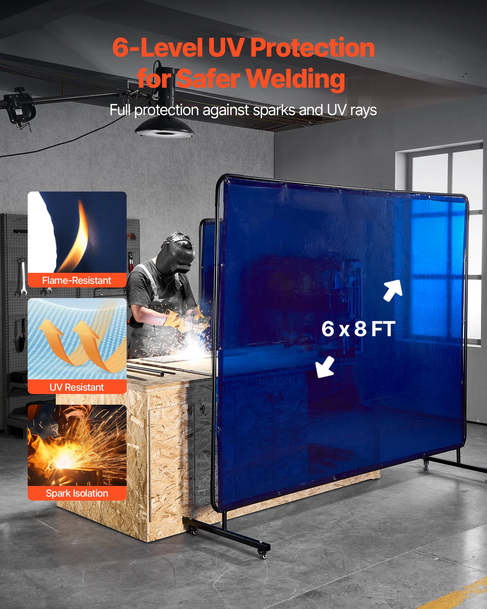 VEVOR Welding Screen with Frame, 1.74 x 2.34m Welding Curtain Screen, Flame-Resistant Vinyl Protection Screens with Lockable Swivel Wheels & 6-Level UV Protection for Workshop/Industrial Use, Blue