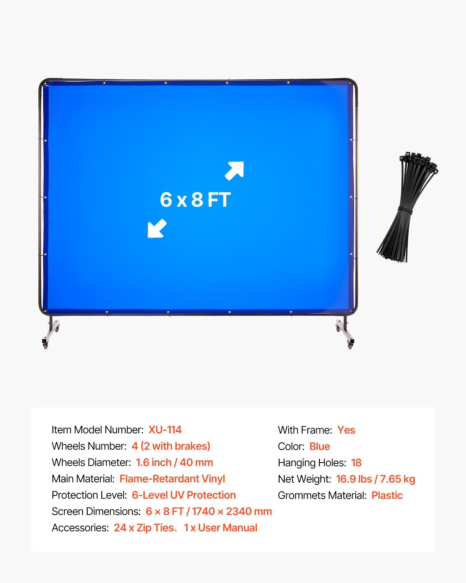 VEVOR Welding Screen with Frame, 1.74 x 2.34m Welding Curtain Screen, Flame-Resistant Vinyl Protection Screens with Lockable Swivel Wheels & 6-Level UV Protection for Workshop/Industrial Use, Blue