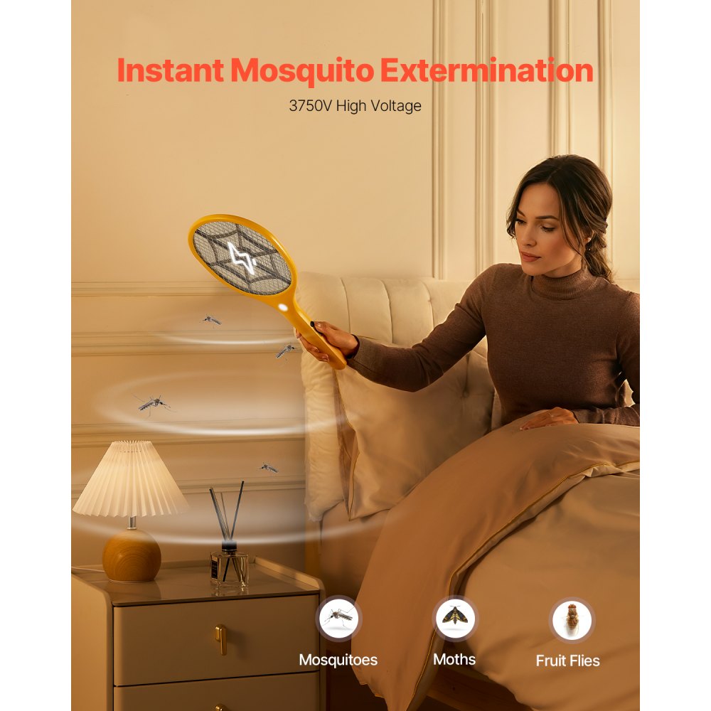 VEVOR Electric Fly Swatter, Zapper Racket with 3 Layers Mesh, Powerful Fly Killer Indoor & Outdoor with 500mAh Battery Rechargeable for Home, Bedroom, Kitchen and Patio, Yellow & Black
