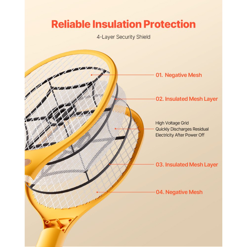 VEVOR Electric Fly Swatter, Zapper Racket with 3 Layers Mesh, Powerful Fly Killer Indoor & Outdoor with 500mAh Battery Rechargeable for Home, Bedroom, Kitchen and Patio, Yellow & Black