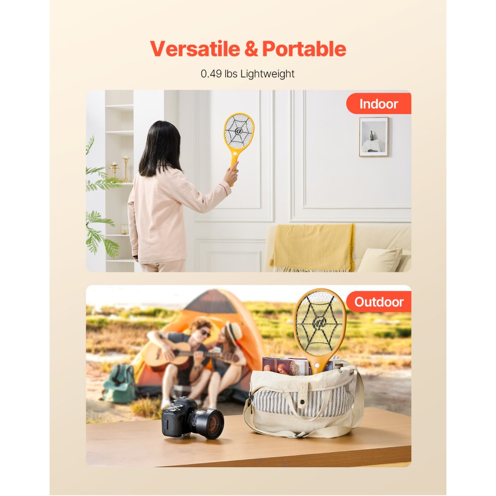 VEVOR Electric Fly Swatter, Zapper Racket with 3 Layers Mesh, Powerful Fly Killer Indoor & Outdoor with 500mAh Battery Rechargeable for Home, Bedroom, Kitchen and Patio, Yellow & Black