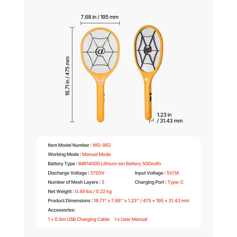 VEVOR Electric Fly Swatter, Zapper Racket with 3 Layers Mesh, Powerful Fly Killer Indoor & Outdoor with 500mAh Battery Rechargeable for Home, Bedroom, Kitchen and Patio, Yellow & Black