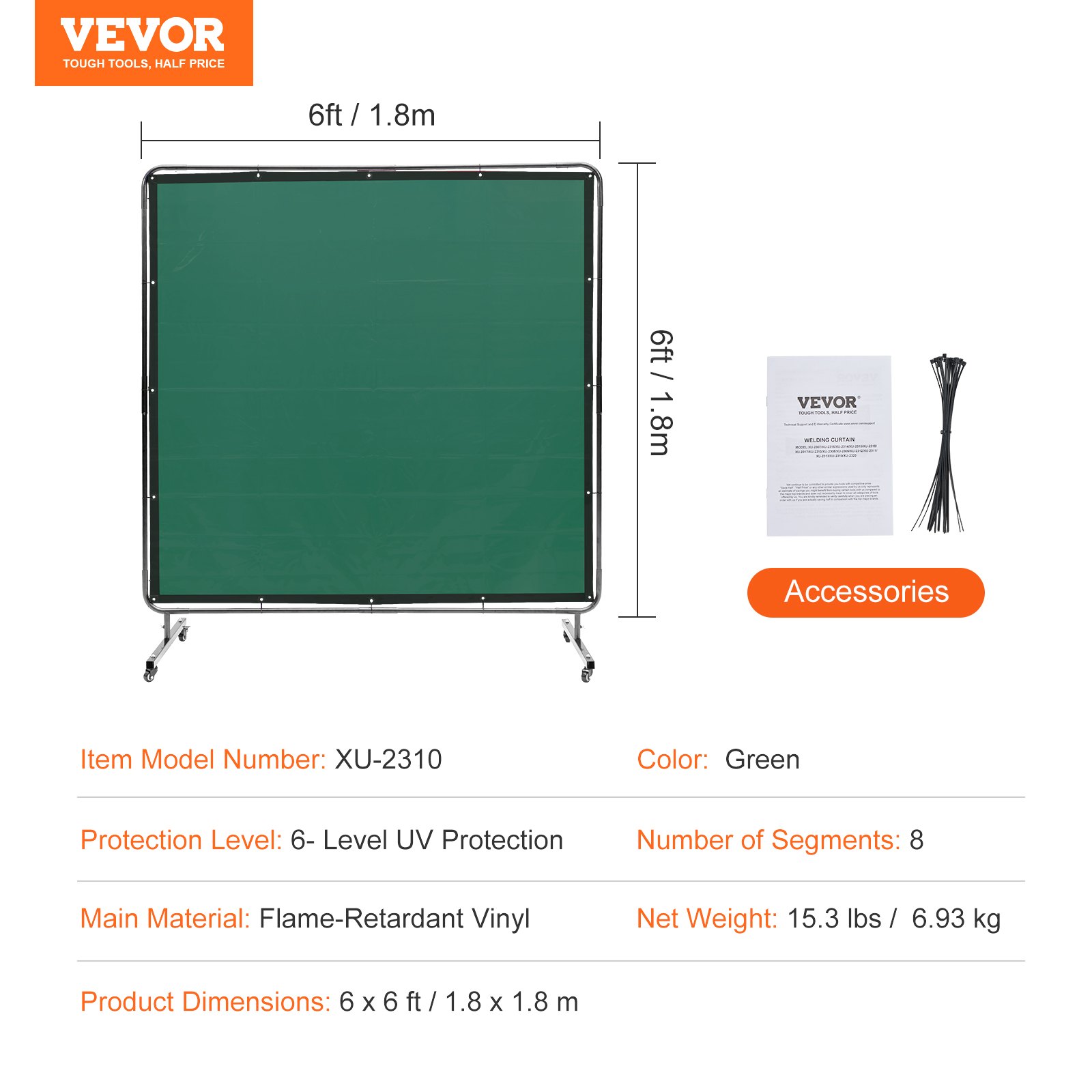 VEVOR Welding Screen with Frame, 1.8 x 1.8 m Welding Curtain Screen, Flame-Resistant Vinyl Welding Protection Screen on 4 Swivel Wheels (2 Lockable), Moveable & Professional for Workshop/Industrial, Green