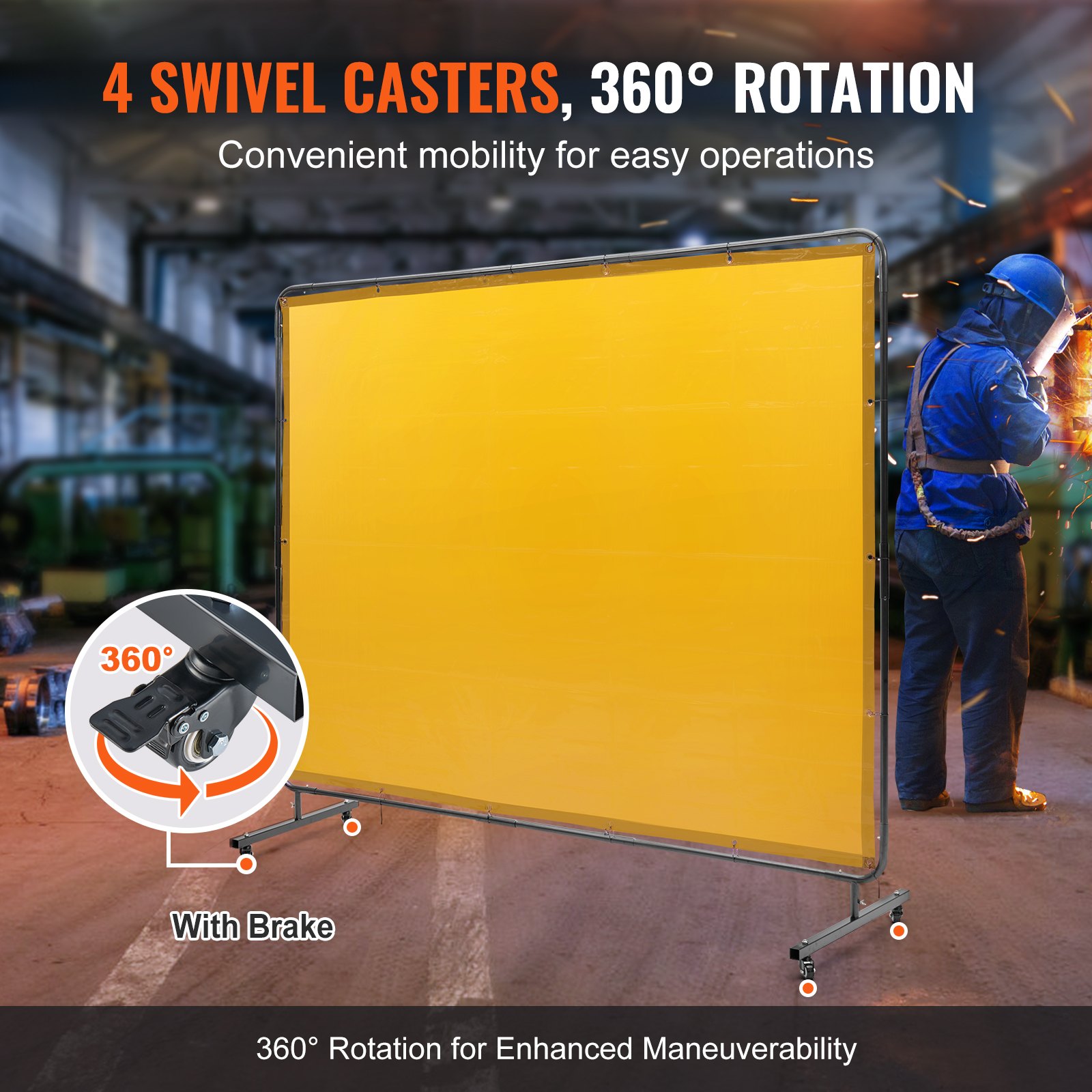VEVOR Welding Screen with Frame, 6' x 8' Welding Curtain Screen, Flame-Resistant Vinyl Welding Protection Screen on 4 Swivel Wheel (2 Lockable), Moveable & Professional for Workshop/Industrial, Yellow