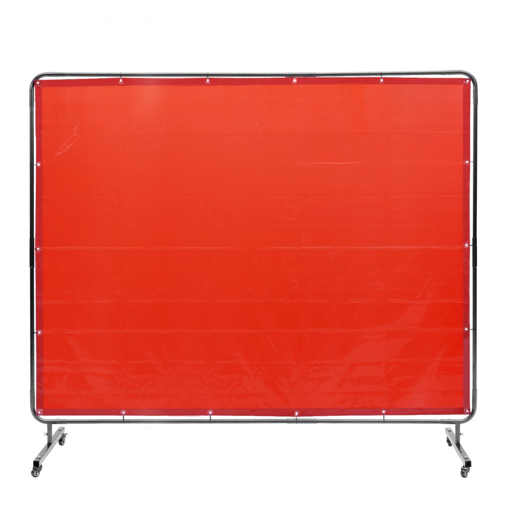 red VEVOR welding screen on a sturdy metal frame with wheels for mobility.