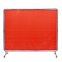 red VEVOR welding screen on a sturdy metal frame with wheels for mobility.