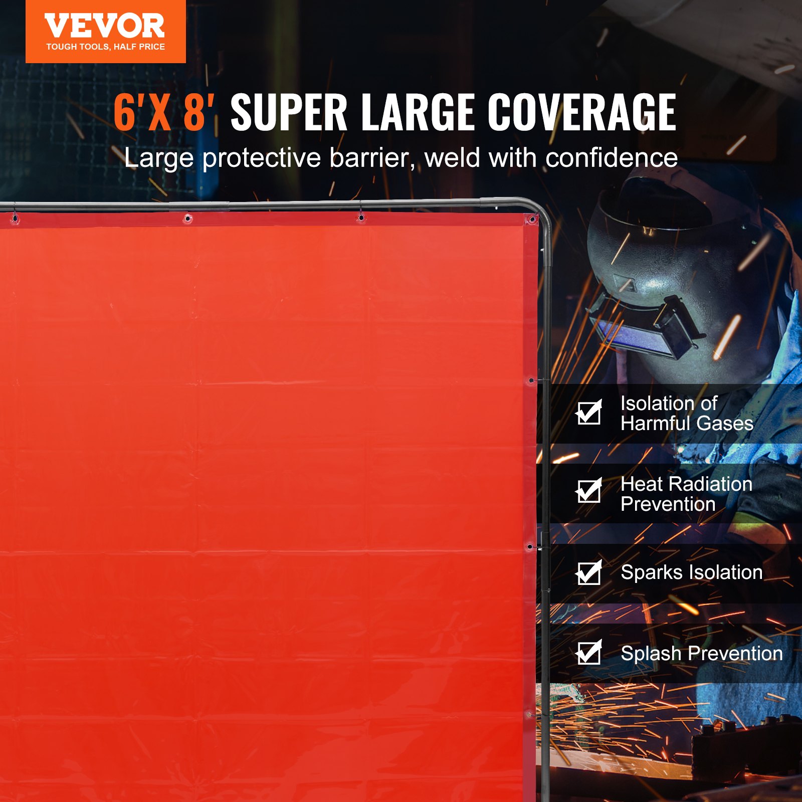 VEVOR welding screen, 6&#039;x8&#039;, orange barrier with safety benefits: isolation of harmful gases, heat radiation prevention