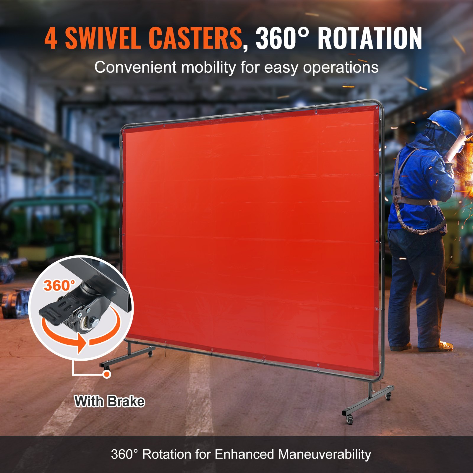 VEVOR welding screen with 360° rotation and swivel casters for easy mobility in an industrial setting.