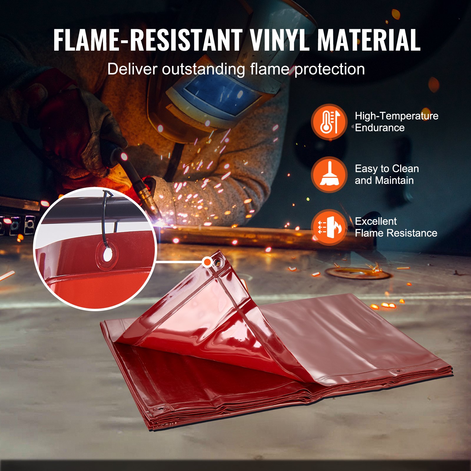welder using VEVOR welding screen with flame-resistant vinyl material for high temperature protection.