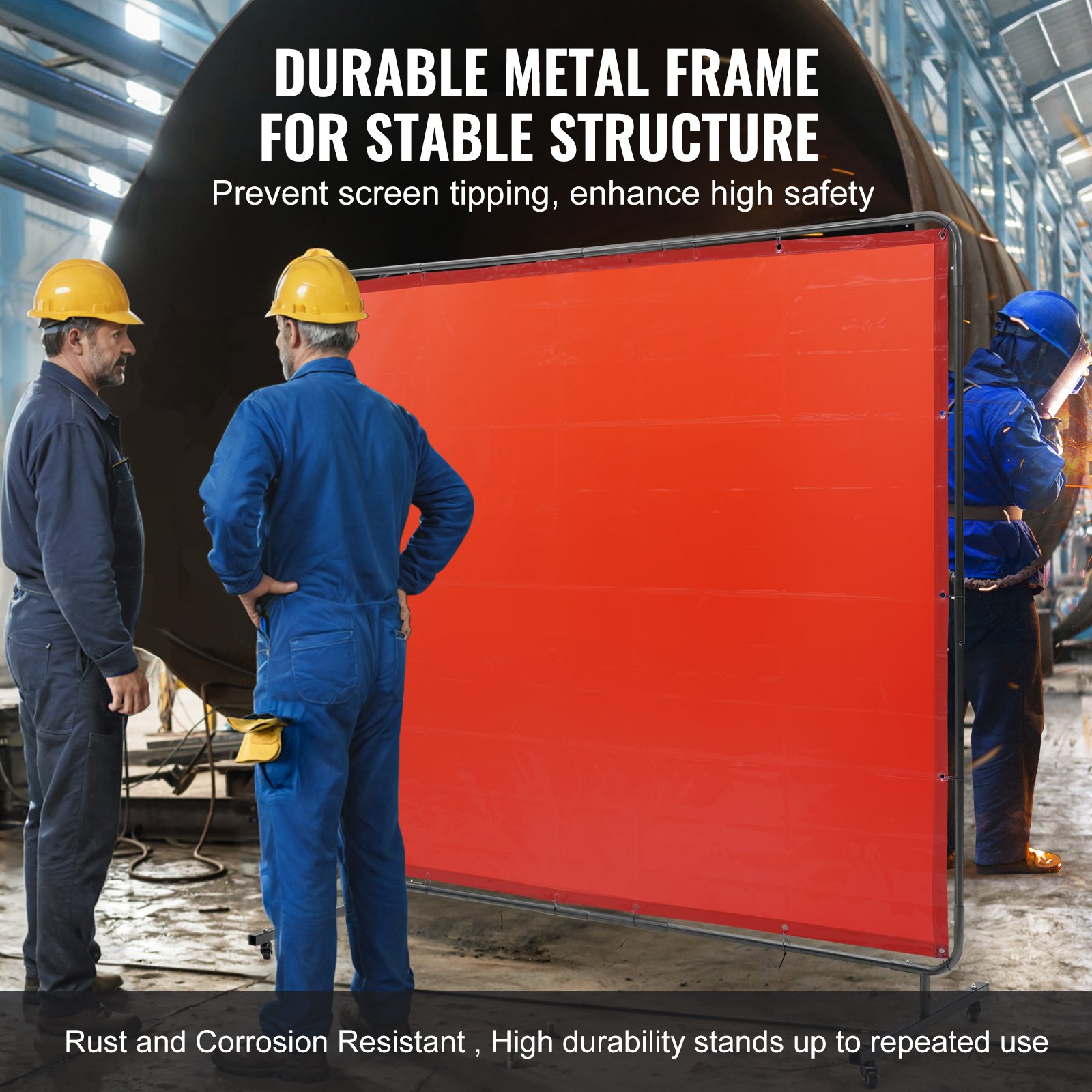 VEVOR welding screen with durable metal frame, increasing stability and safety in an industrial setting.