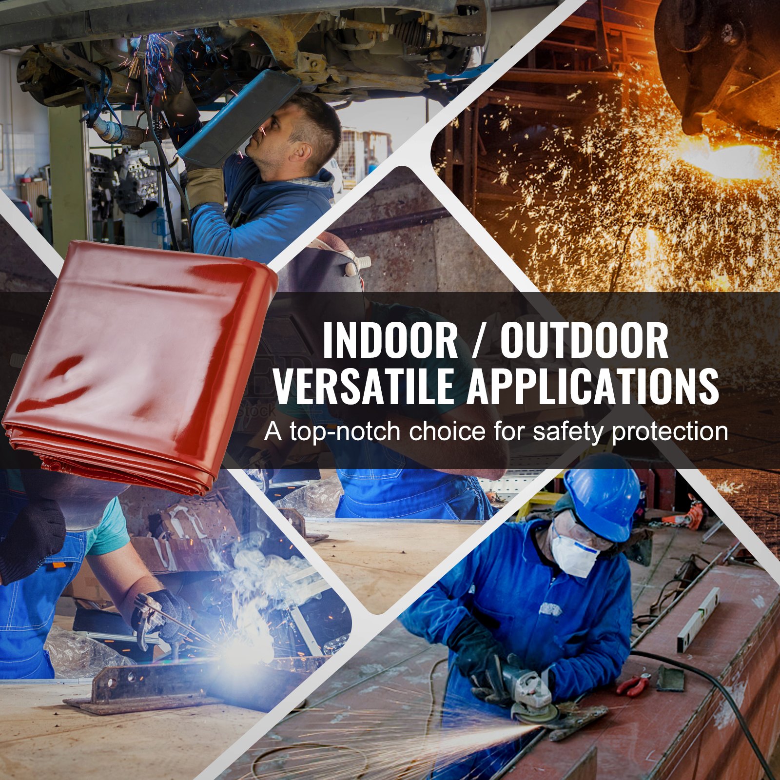 VEVOR welding screen, ideal for indoor/outdoor use, showcased in various welding safety scenarios.