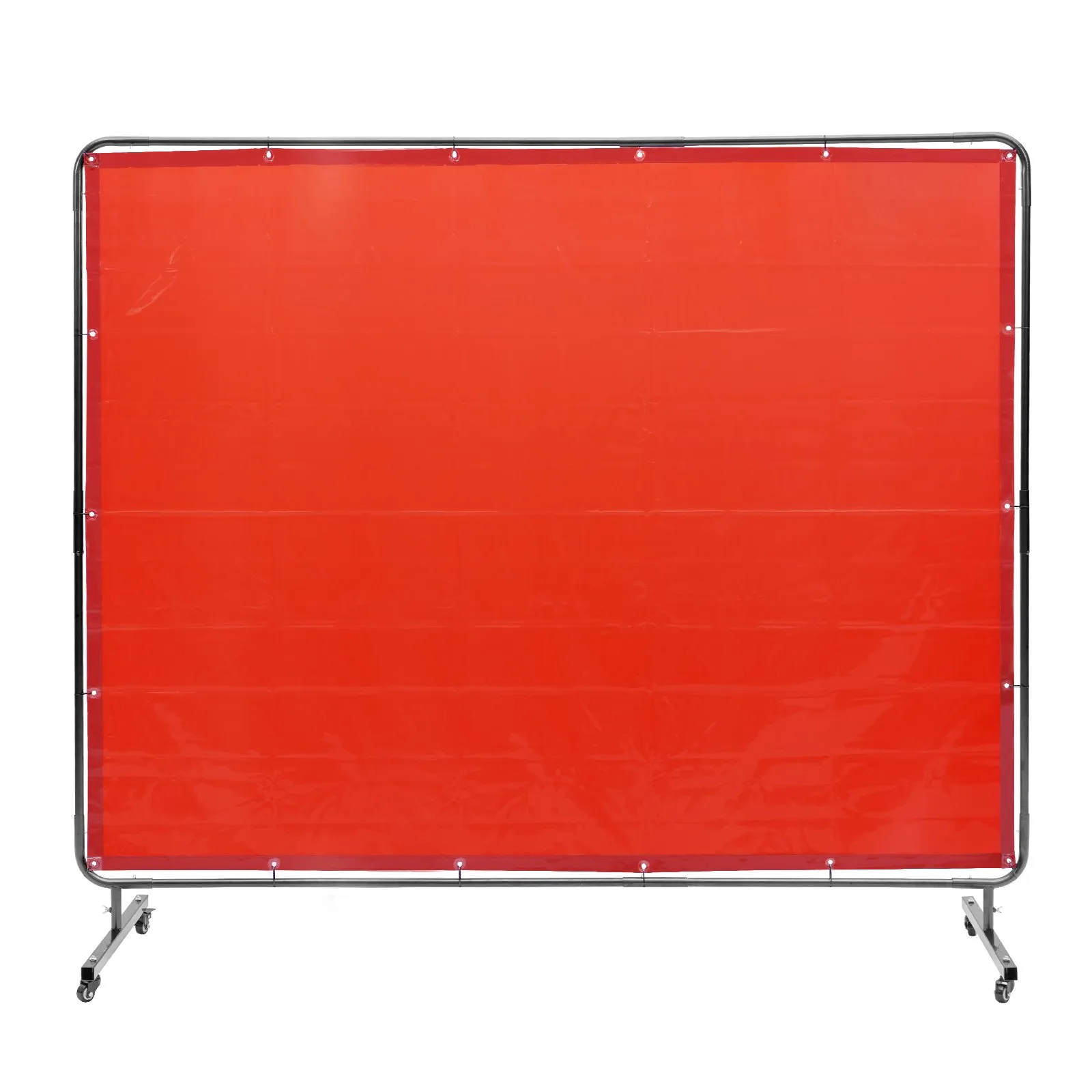 red VEVOR welding screen with metal frame and wheels for mobility, providing safety and visibility.