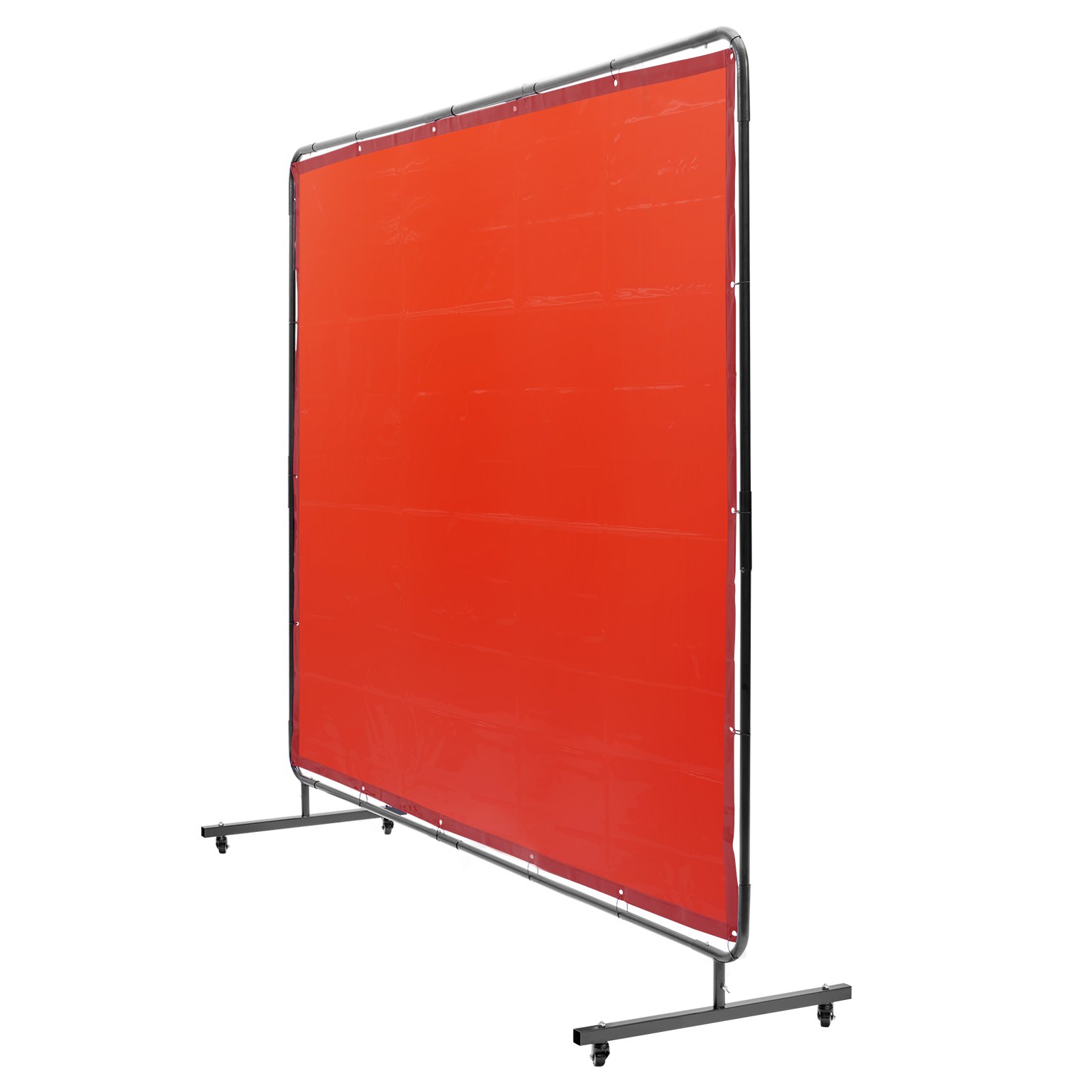 red VEVOR welding screen with metal frame and caster wheels for mobility.