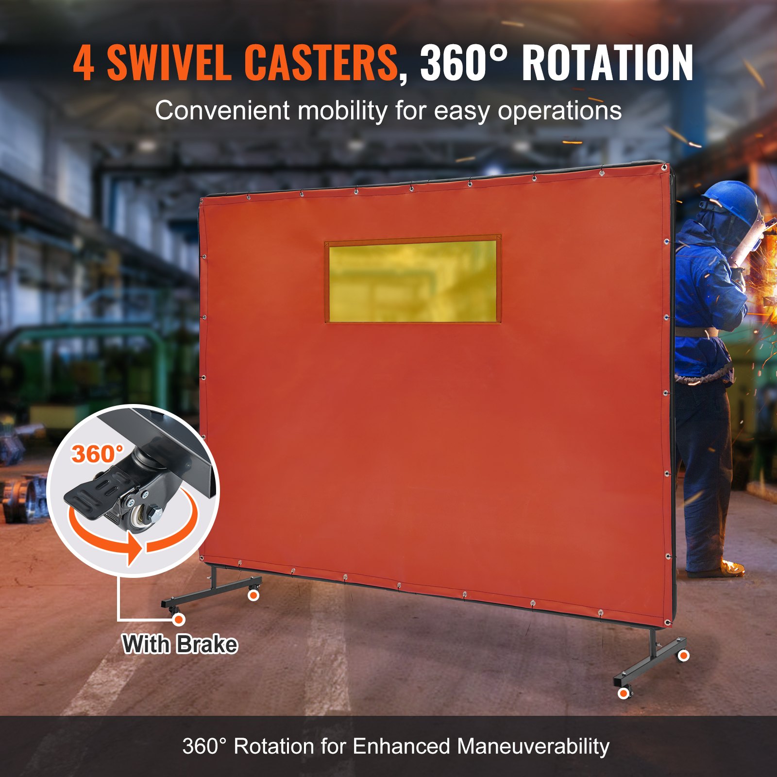 VEVOR Welding Screen with Frame, 6' x 8' Welding Curtain Screens, Flame-Resistant Vinyl Welding Protection Screen with 4 Swivel Wheels (2 Lockable) & Transparent Window for Workshop/Industrial, Red