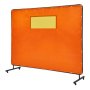 VEVOR welding screen with orange panel, black frame, and yellow viewing window.