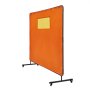 orange VEVOR welding screen with clear view window and black frame on wheeled base.