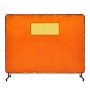 orange VEVOR welding screen with yellow viewing window on a black metal frame, featuring grommets.