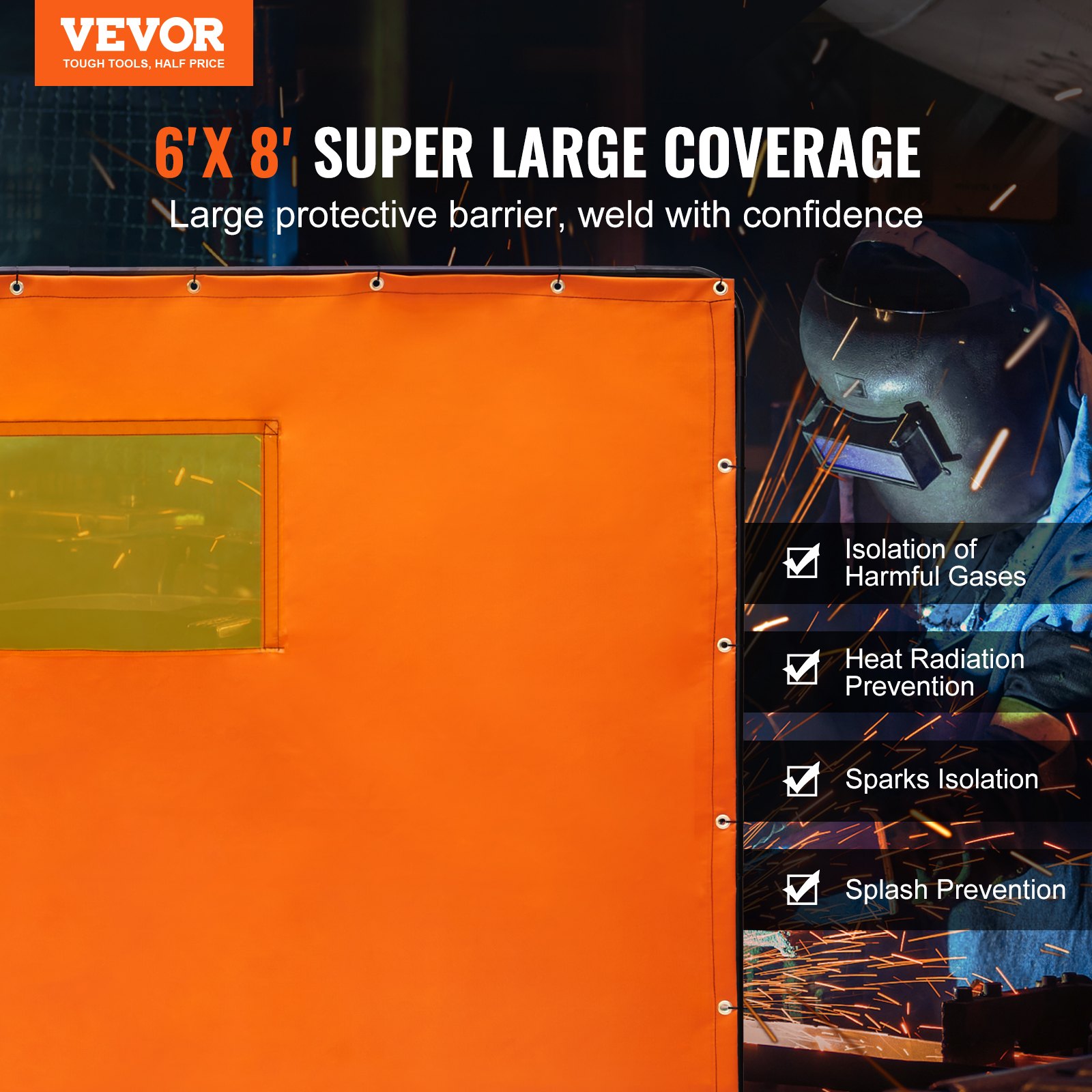 VEVOR welding screen 6&#039;x 8&#039; for large coverage, gas isolation, heat, sparks, and splash prevention.