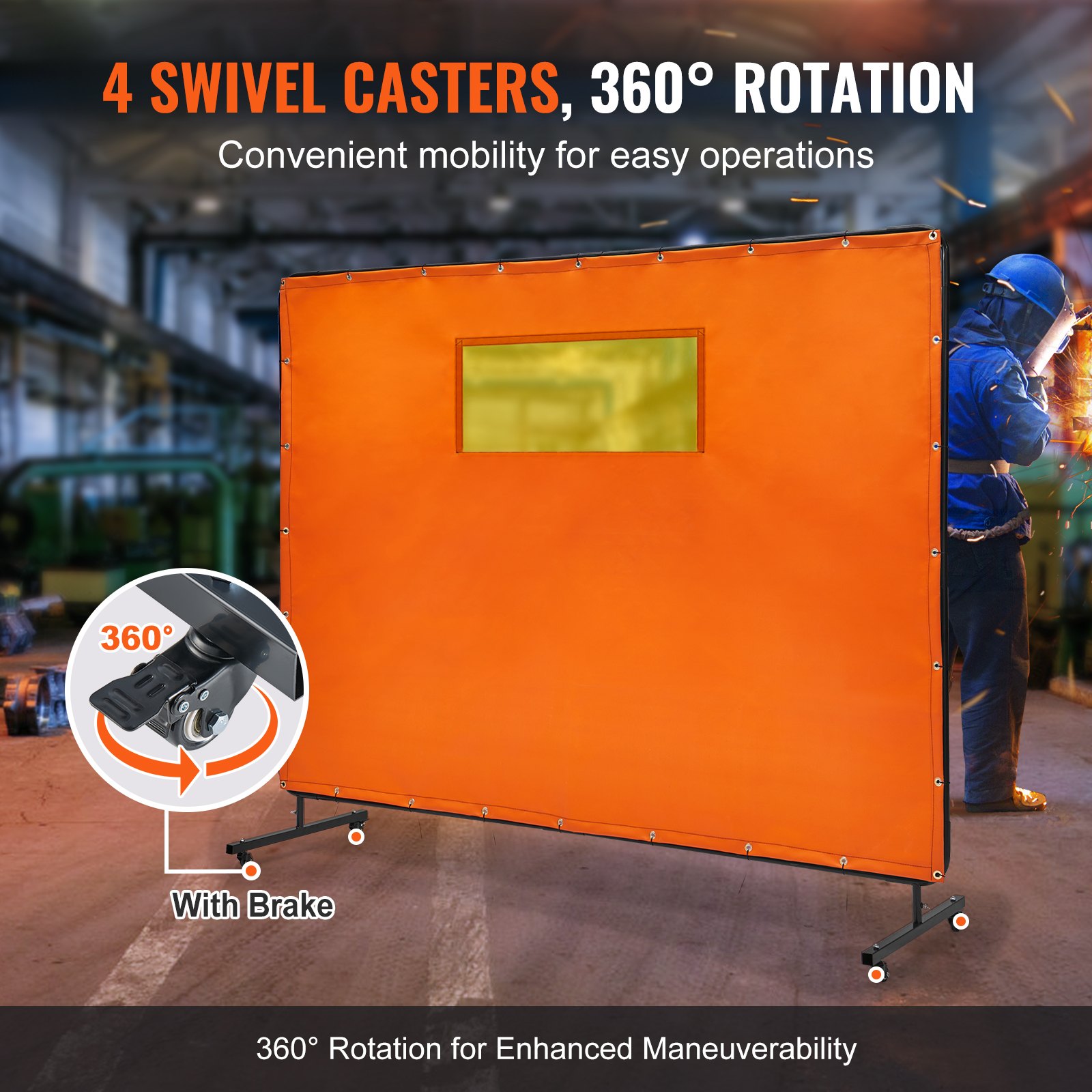 orange VEVOR welding screen with window, swivel casters, and lockable brakes in an industrial setting.
