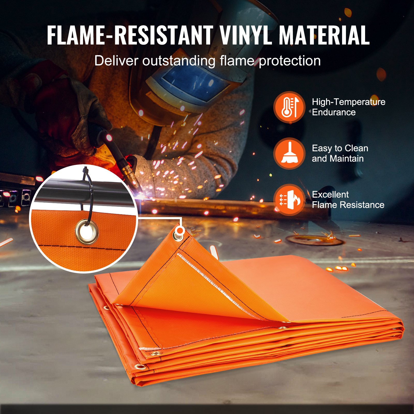 flame-resistant orange VEVOR welding screen with high-temperature endurance and easy-to-clean features.
