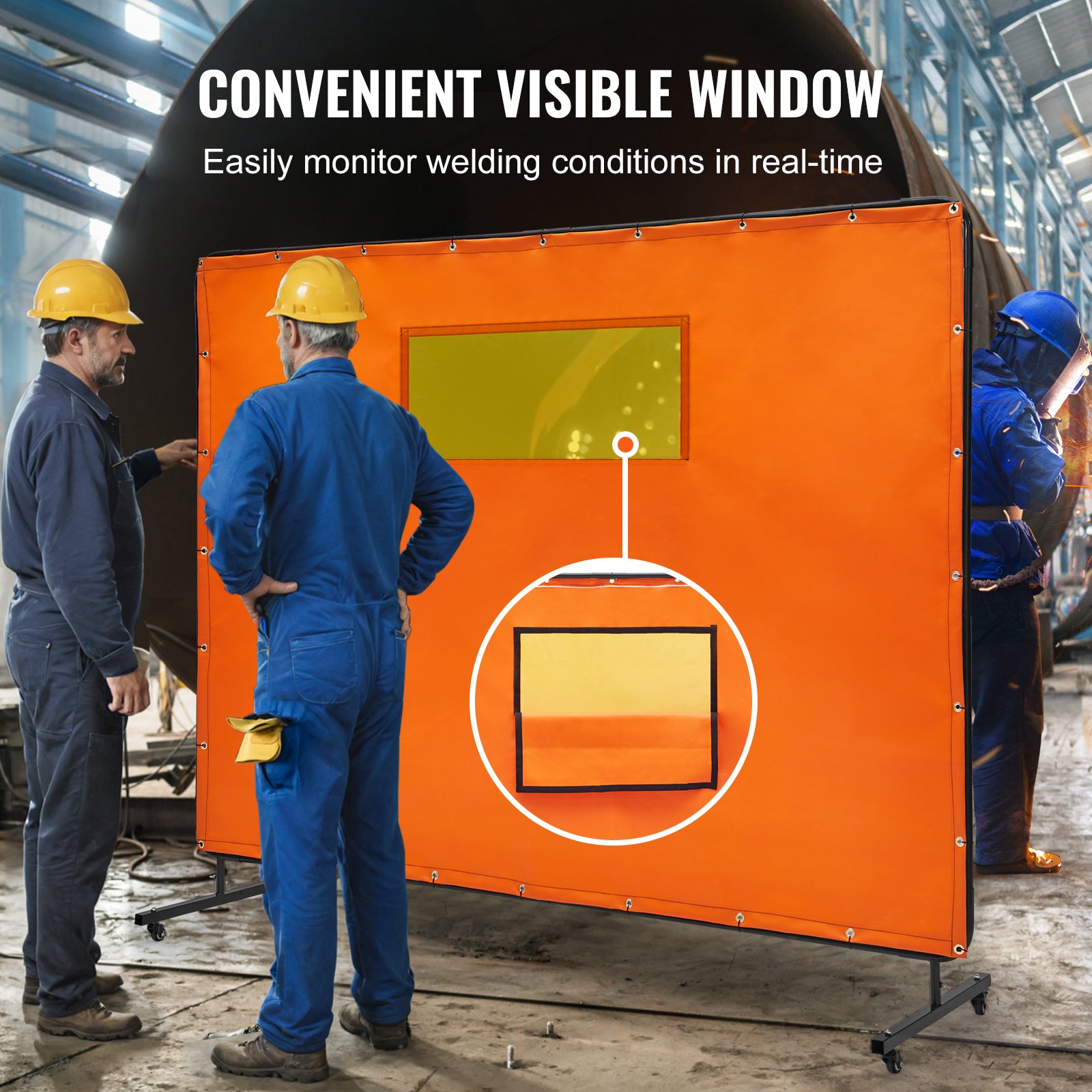 workers using VEVOR welding screen with visible window for real-time monitoring in industrial setting.