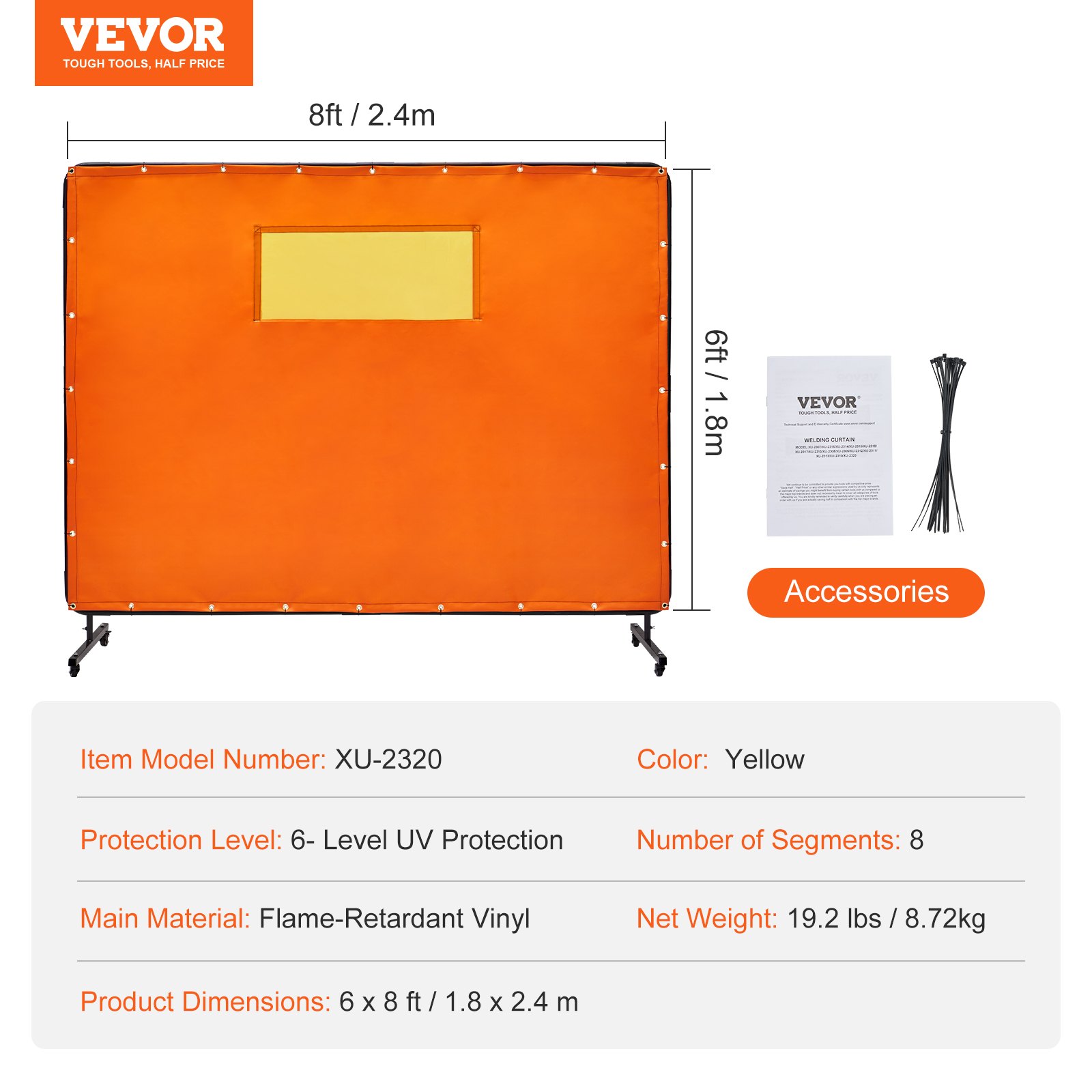 VEVOR welding screen, 8x6 ft, yellow, flame-retardant vinyl, 6-level uv protection, includes accessories.