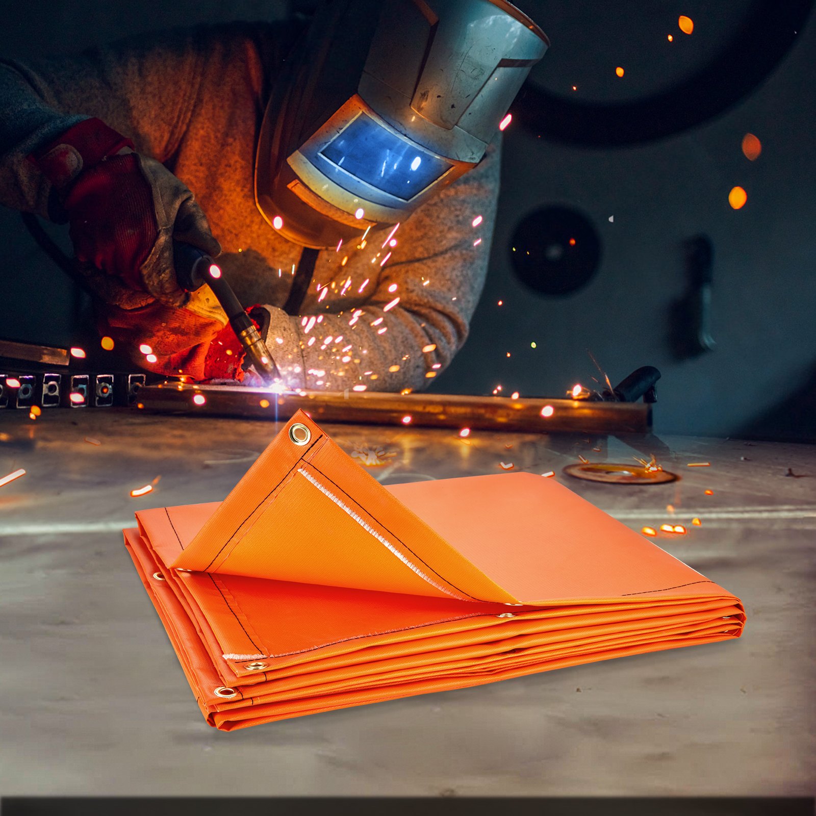 welder working with a VEVOR welding screen protecting from sparks and high heat in the background.