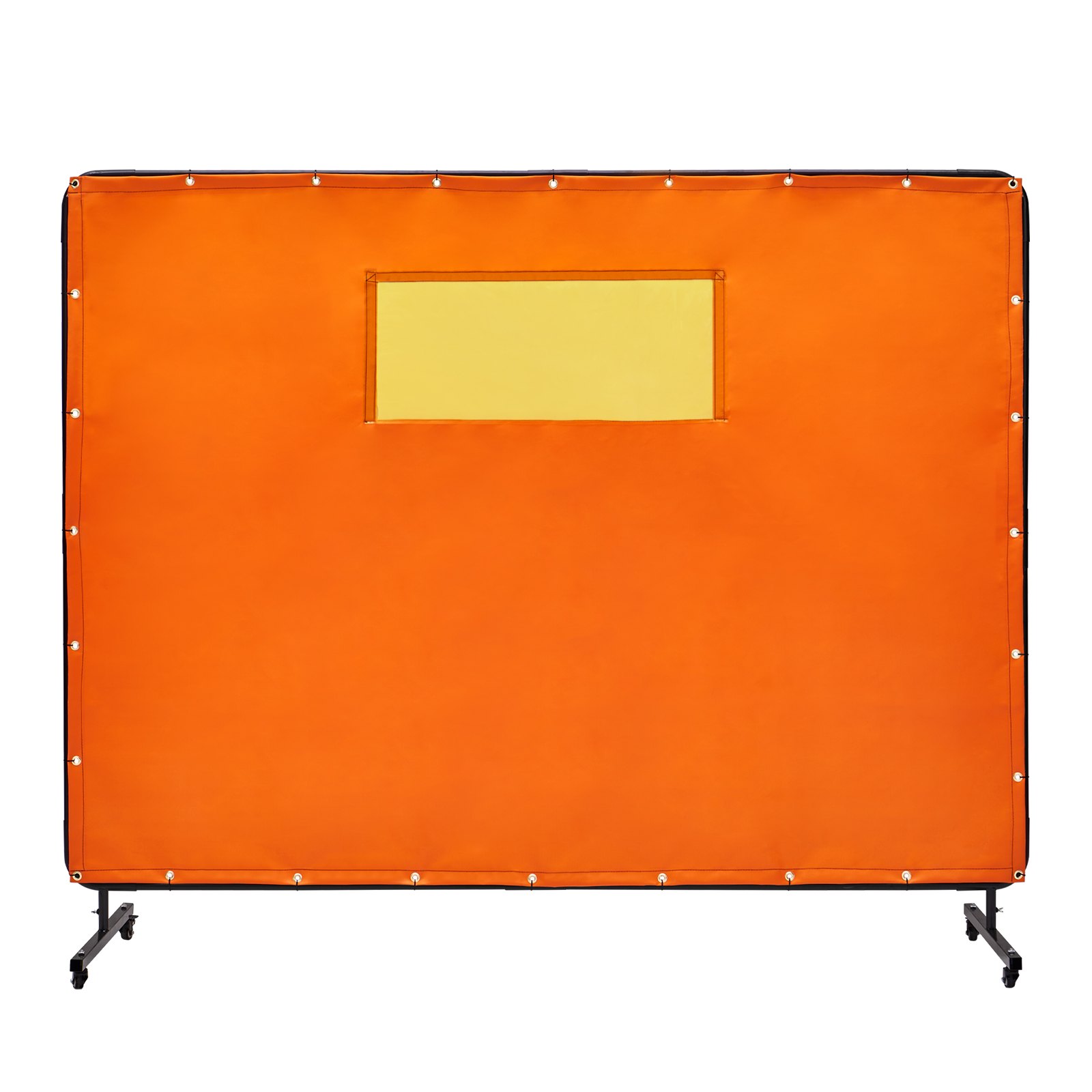 orange VEVOR welding screen with yellow viewing window on a black frame and stabilizing legs.