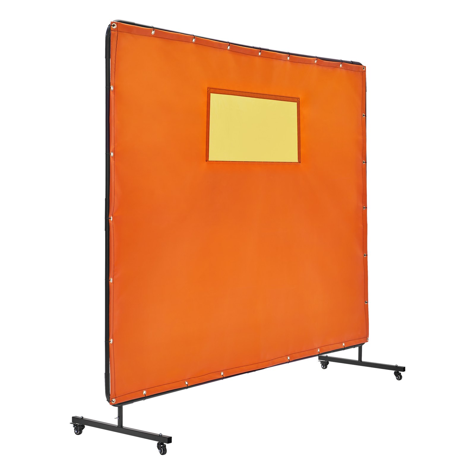 orange VEVOR welding screen with a yellow viewing window, supported by a black wheeled frame.