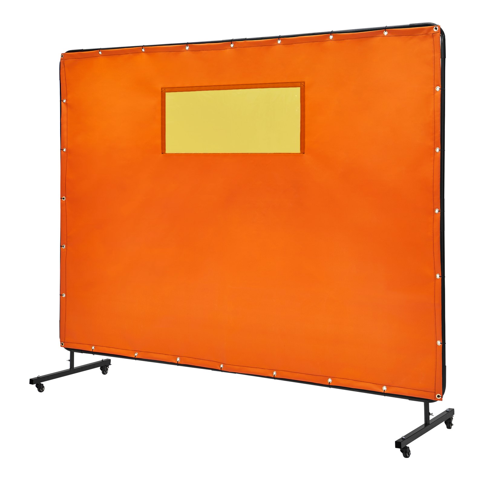 VEVOR welding screen with orange panel, black frame, and yellow viewing window.