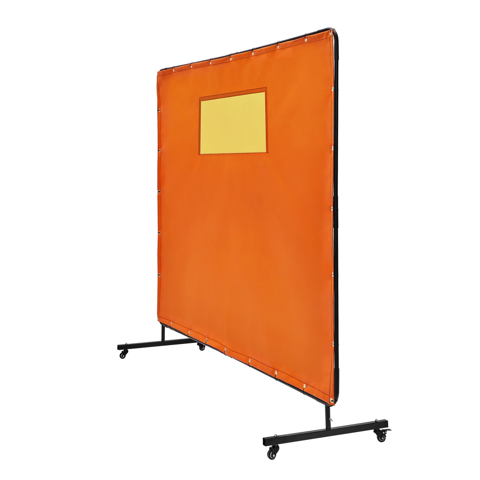 orange VEVOR welding screen with clear view window and black frame on wheeled base.