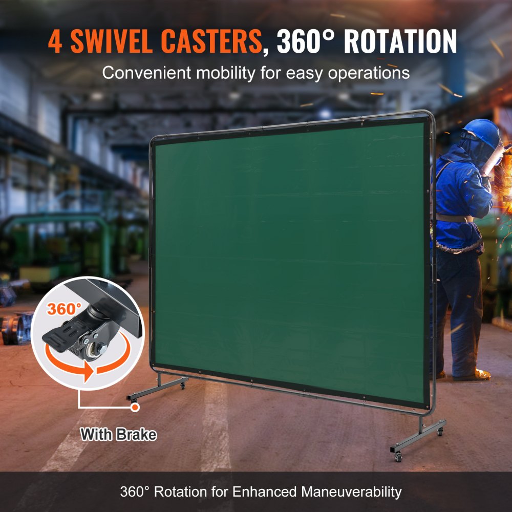 VEVOR Welding Screen with Frame, 1.83 x 2.44 m Welding Curtain Screen, Flame-Resistant Vinyl Welding Protection Screen on 4 Swivel Wheels (2 Lockable), Moveable & Professional for Workshop/Industrial, Green