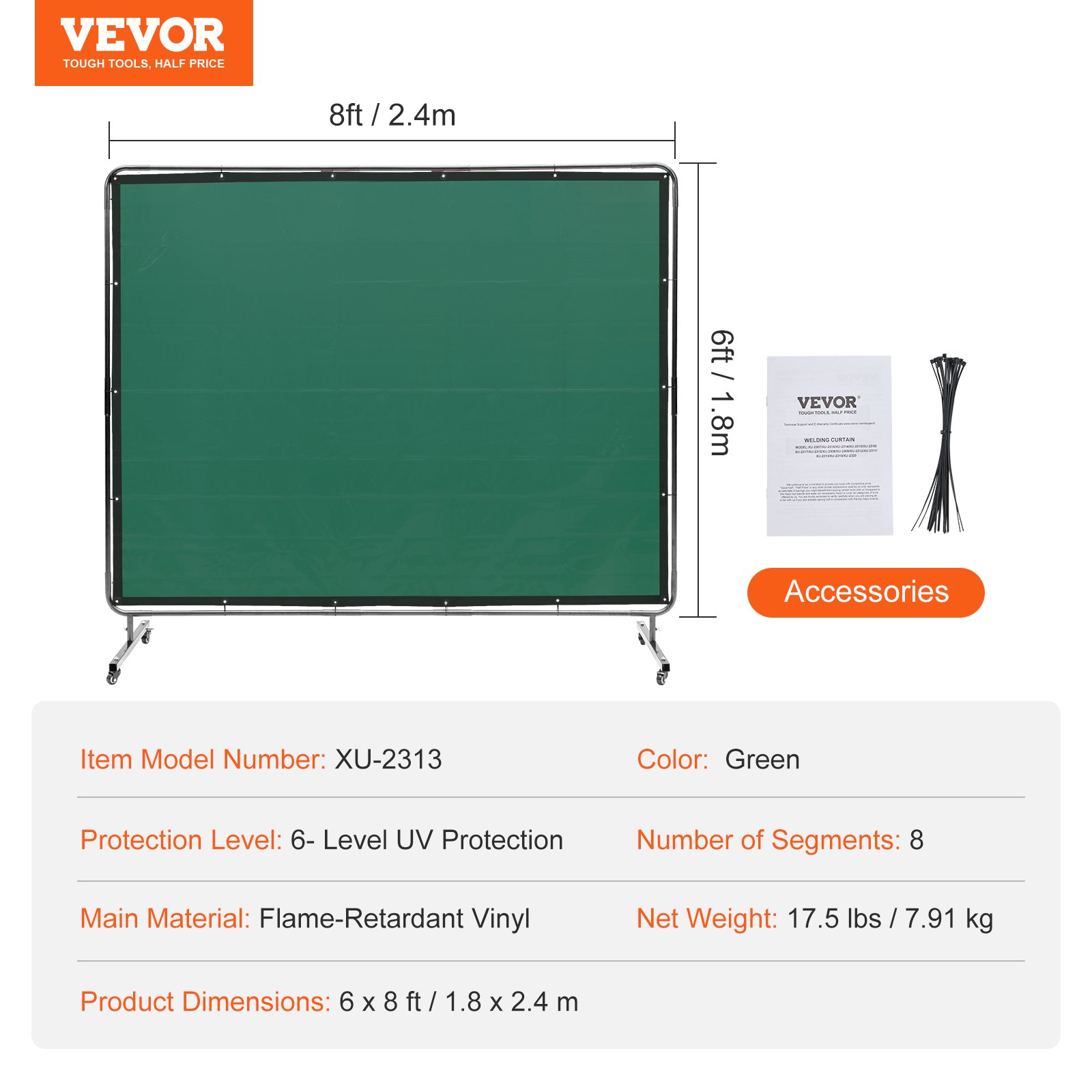 VEVOR Welding Screen with Frame, 1.83 x 2.44 m Welding Curtain Screen, Flame-Resistant Vinyl Welding Protection Screen on 4 Swivel Wheels (2 Lockable), Moveable & Professional for Workshop/Industrial, Green