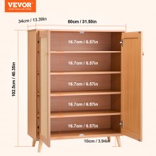 VEVOR Rattan Shoe Cabinet, 5 Tiers Shoe Storage Organizer with 2 Doors and Adjustable Shelves, 40.35" Tall Rattan Shoe Storage Entryway Cabinet Ideal for Entryway, Closet, Hallway, Light Wood Color