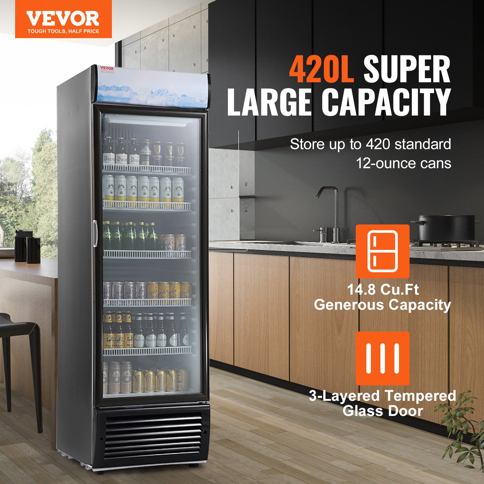 Commercial Merchandiser Refrigerator, 14.8 Cu.Ft / 420L Beverage Refrigerator Cooler Merchandiser, Glass Door Display Refrigerator Upright Fridge with 5 Adjustable Shelves, Customizable Lightbox Commercial Merchandiser Refrigerator, 14.8 Cu.Ft / 420L Beverage Refrigerator Cooler Merchandiser, Glass Door Display Refrigerator Upright Fridge with 5 Adjustable Shelves, Customizable Lightbox