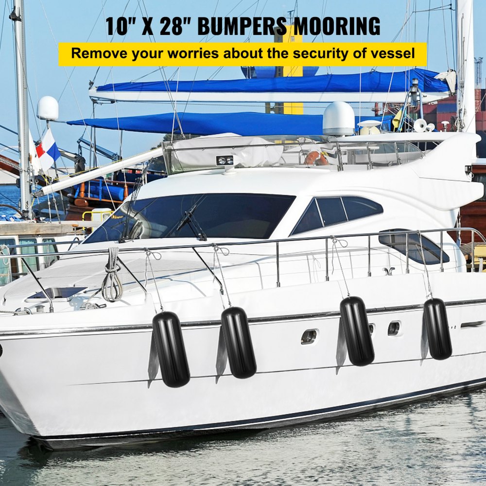 white yacht with black VEVOR boat fenders, docked at marina.