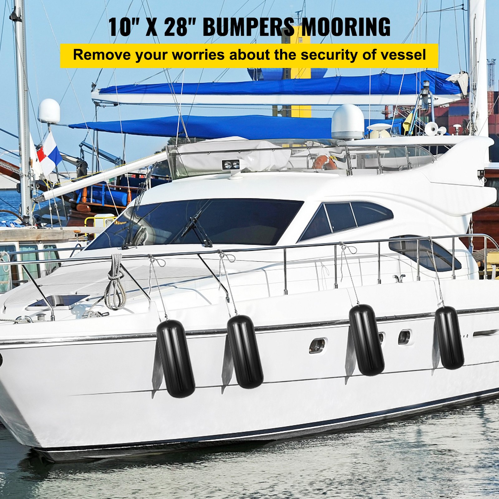 white yacht with black VEVOR boat fenders, docked at marina.