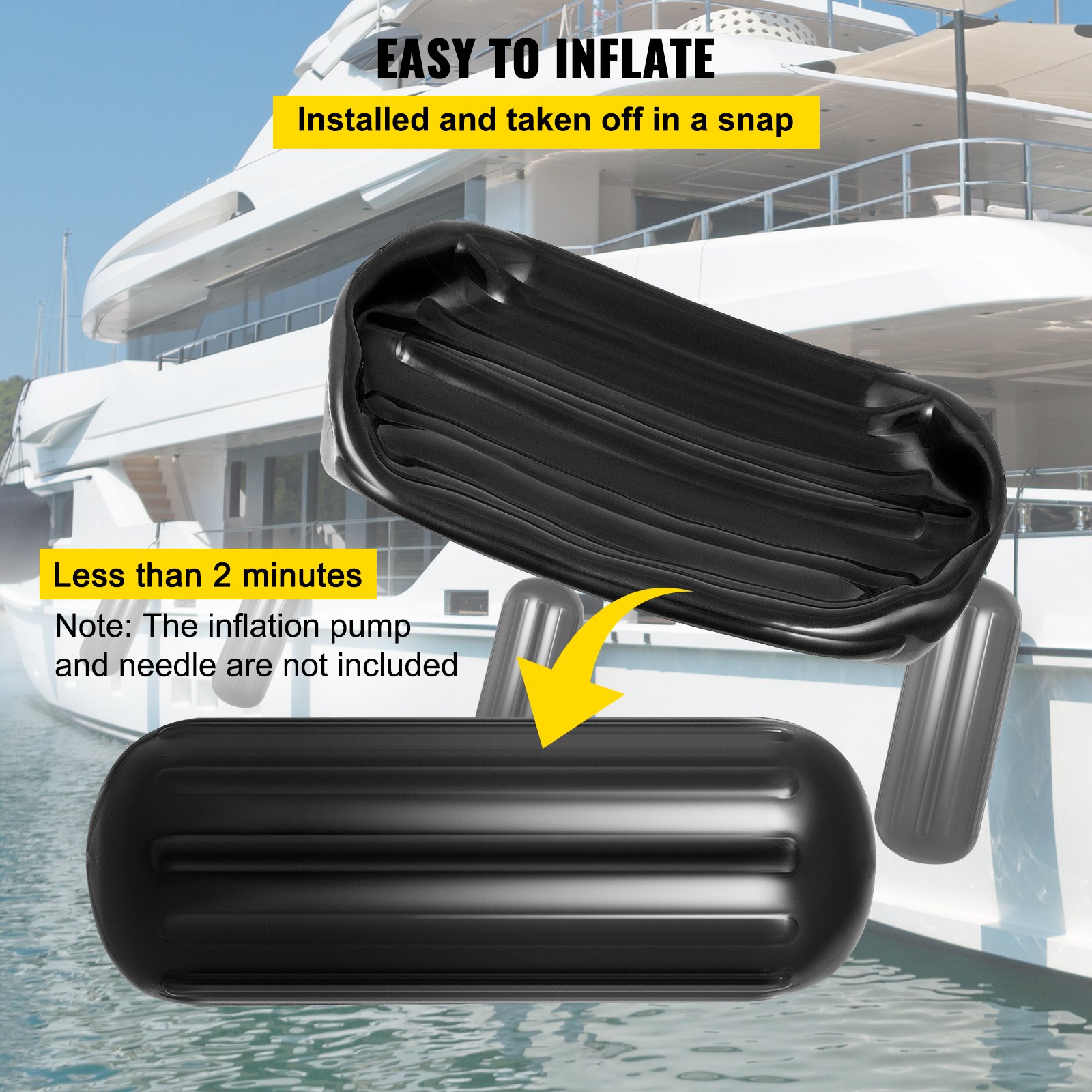 VEVOR boat fenders, easy to inflate in less than 2 minutes, on a yacht.