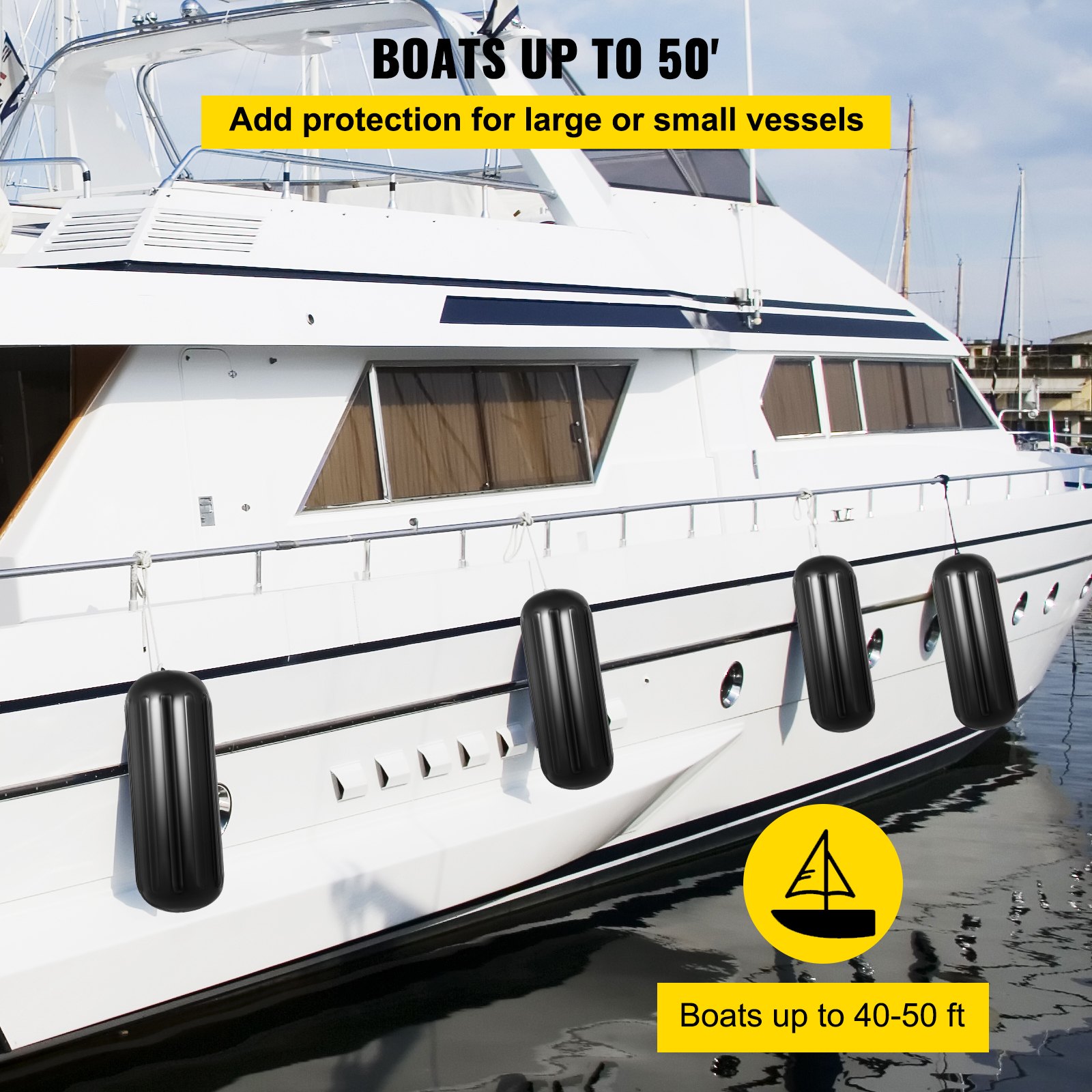 VEVOR boat fenders on white yacht, protecting boats up to 50 ft.