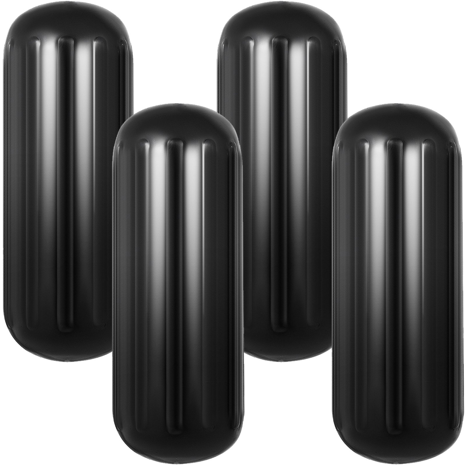 four black VEVOR boat fenders with ribbed sides, arranged neatly.