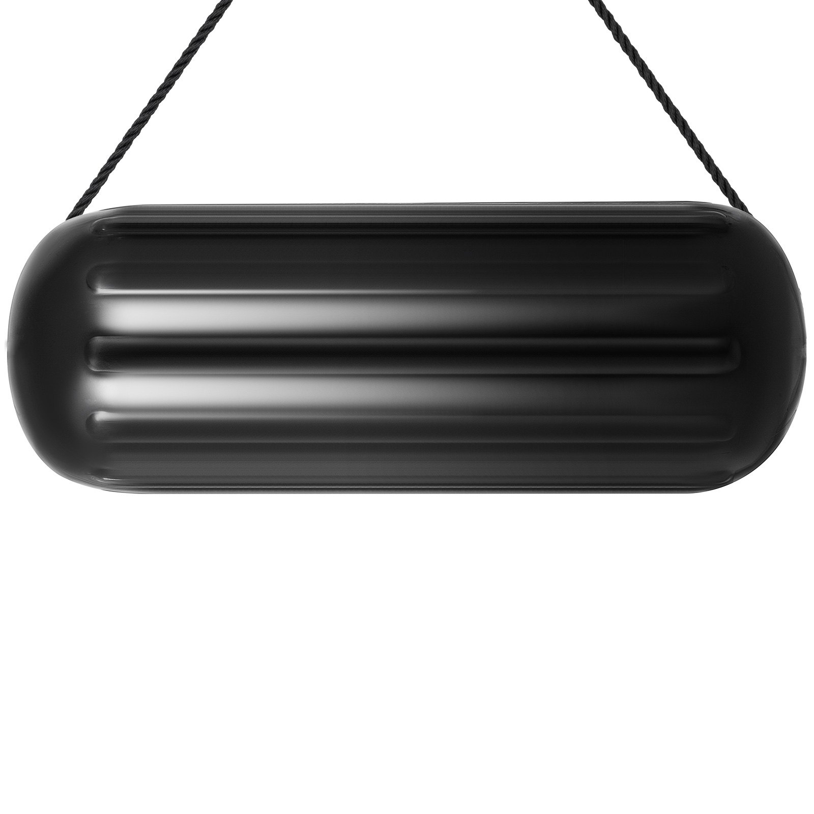 black cylindrical VEVOR boat fenders hanging by a rope.