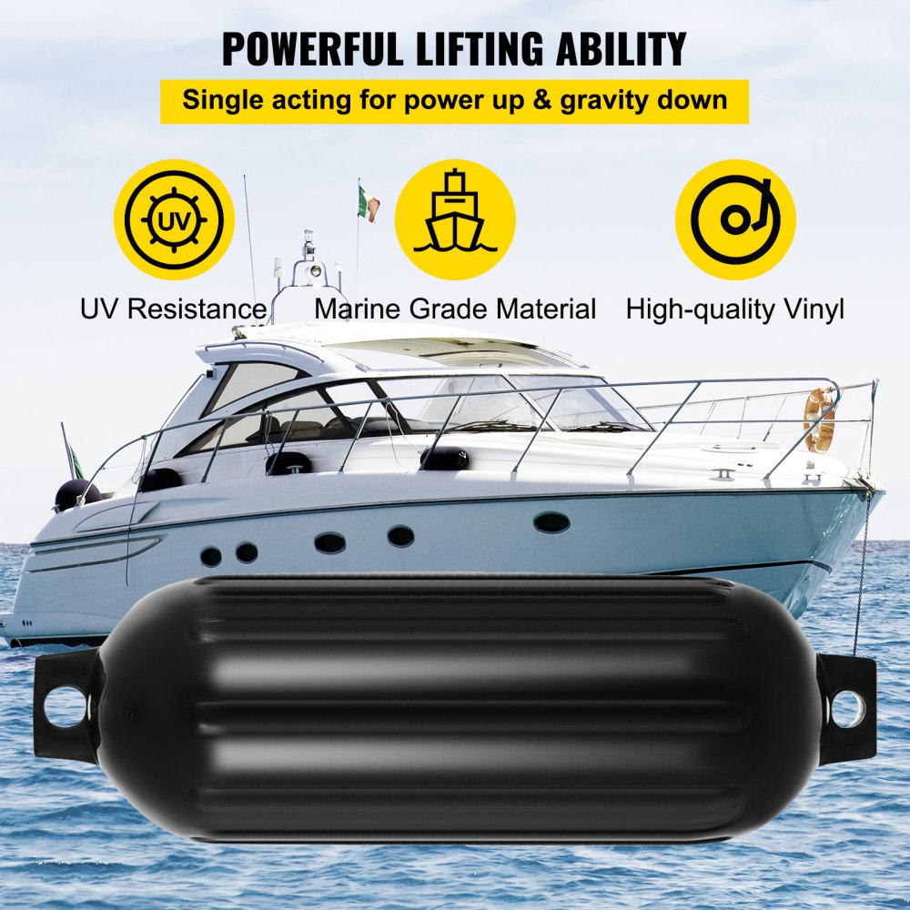 VEVOR Boat Fenders, 8.5" x 27" Ribbed Fender, 4 Pack Boat Bumpers, Twin Eyes Ribbed Inflatable Boat Fender with 4 Ropes and Inflatable Pump, for Pontoon Boat Sailboat, Ski Boat, Black