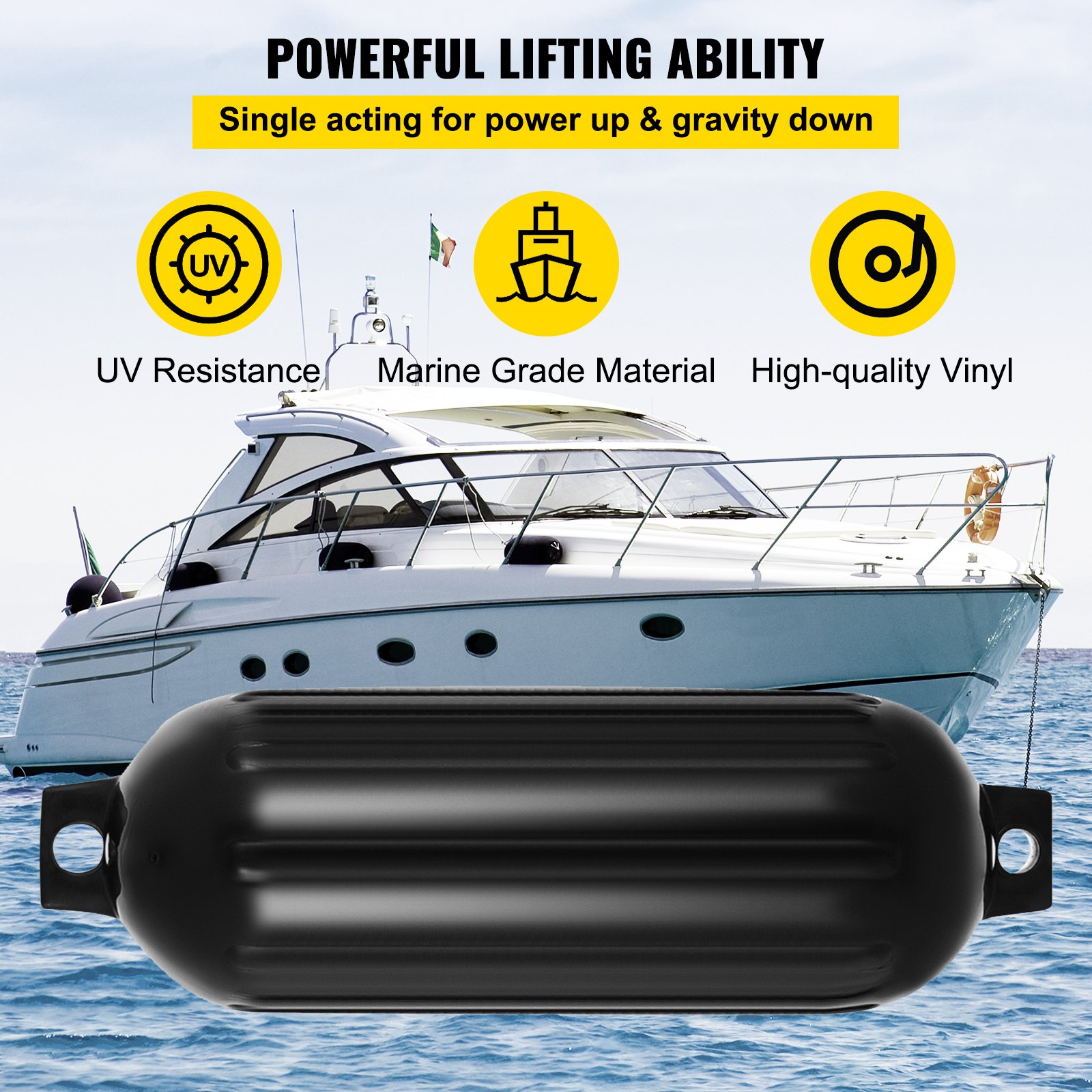 VEVOR Boat Fenders, 8.5" x 27" Ribbed Fender, 4 Pack Boat Bumpers, Twin Eyes Ribbed Inflatable Boat Fender with 4 Ropes and Inflatable Pump, for Pontoon Boat Sailboat, Ski Boat, Black