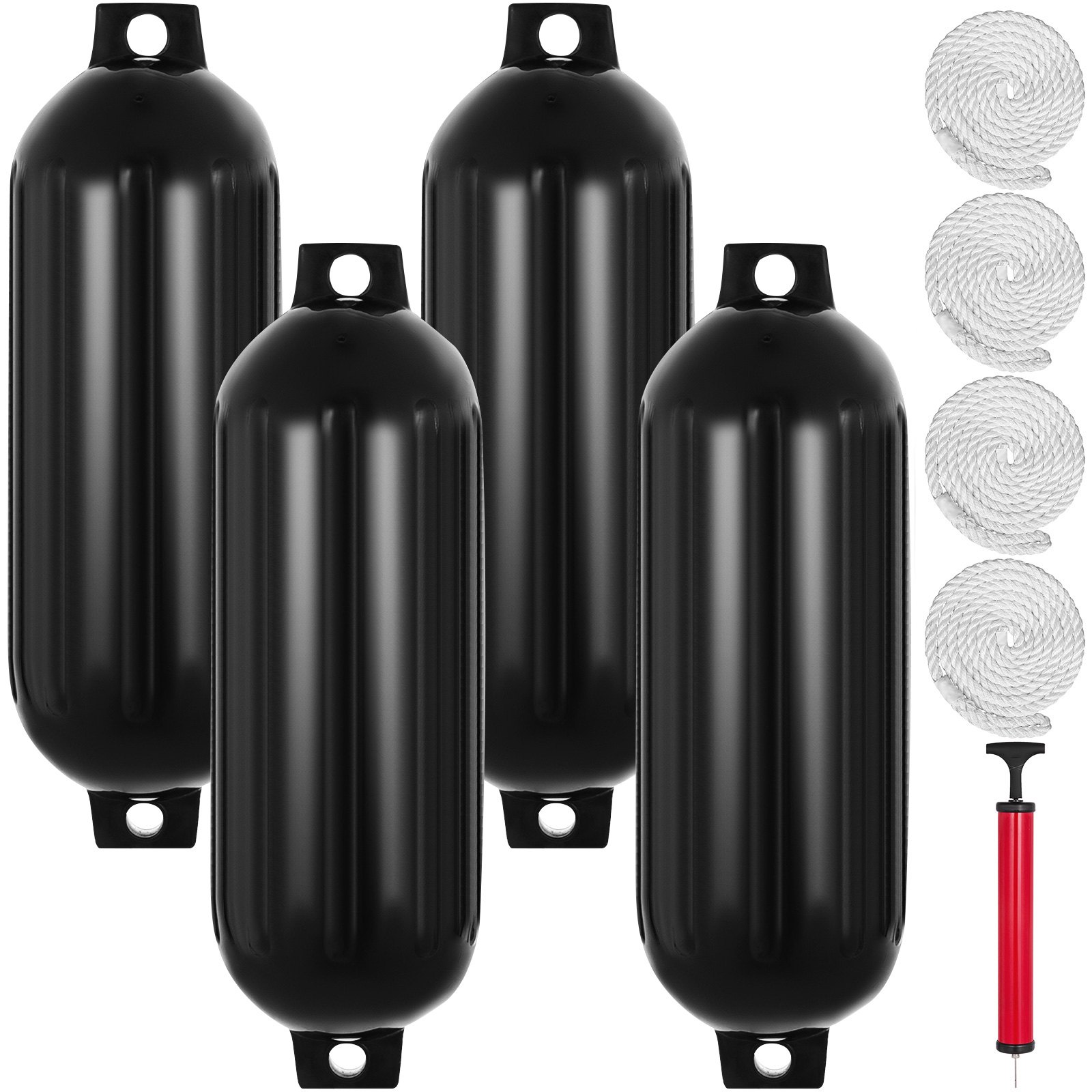 VEVOR Boat Fenders, 8.5" x 27" Ribbed Fender, 4 Pack Boat Bumpers, Twin Eyes Ribbed Inflatable Boat Fender with 4 Ropes and Inflatable Pump, for Pontoon Boat Sailboat, Ski Boat, Black