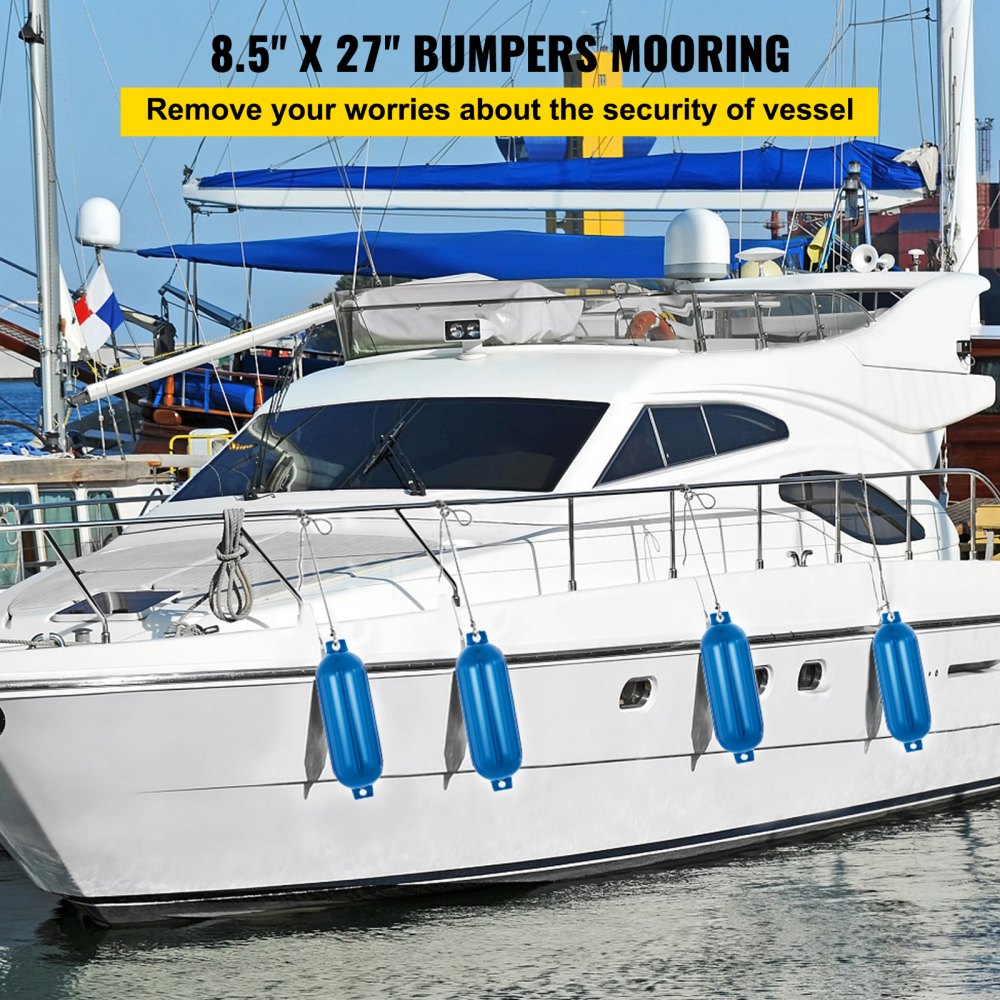 VEVOR Boat Fenders, 8.5" x 27" Ribbed Fender, 4 Pack Boat Bumpers, Twin Eyes Ribbed Inflatable Boat Fender with 4 Ropes and Inflatable Pump, for Pontoon Boat Sailboat, Ski Boat, Blue