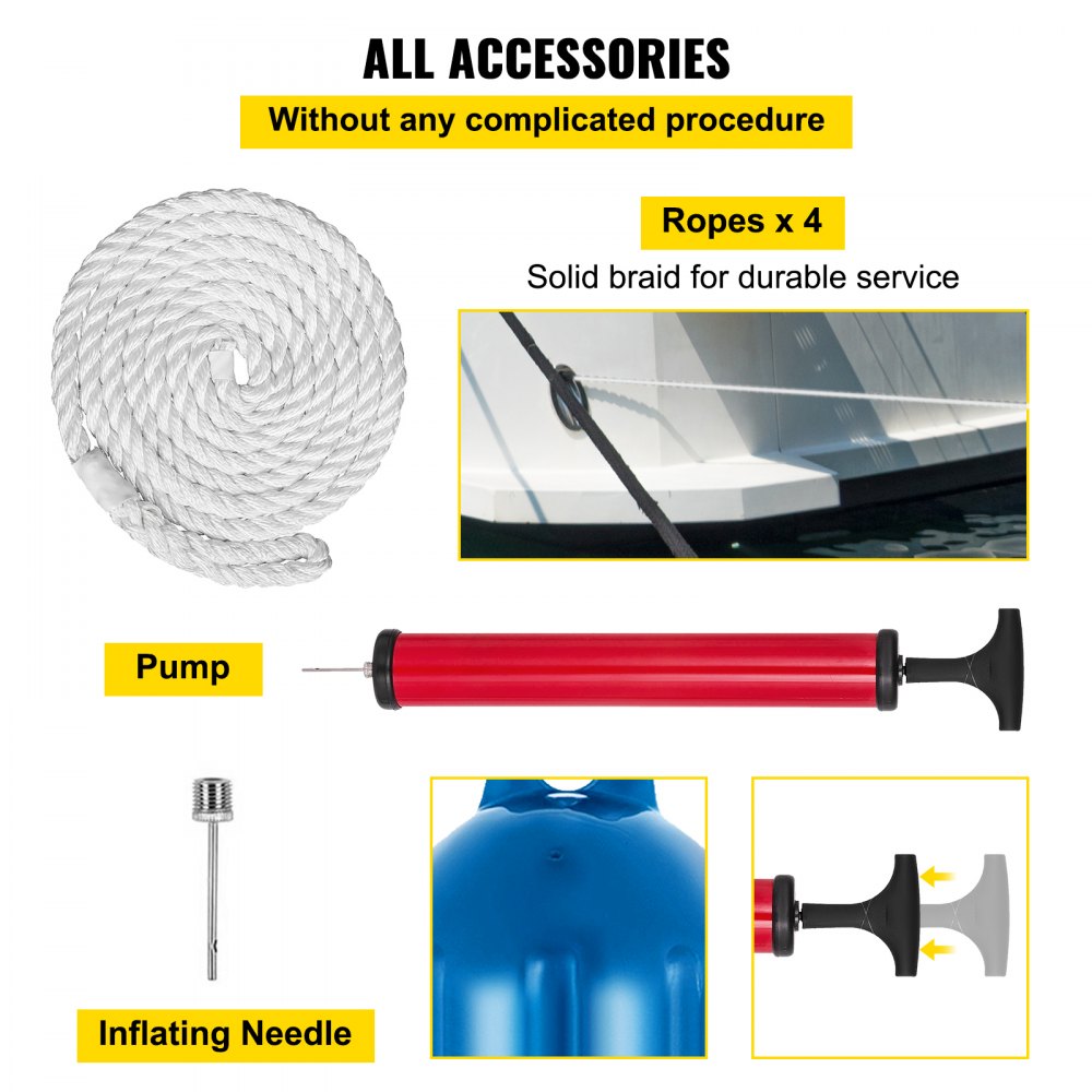 VEVOR Boat Fenders, 8.5" x 27" Ribbed Fender, 4 Pack Boat Bumpers, Twin Eyes Ribbed Inflatable Boat Fender with 4 Ropes and Inflatable Pump, for Pontoon Boat Sailboat, Ski Boat, Blue